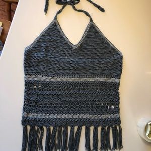 NWOT Paper Crane Crochet Fringe Halter Top Sz LG